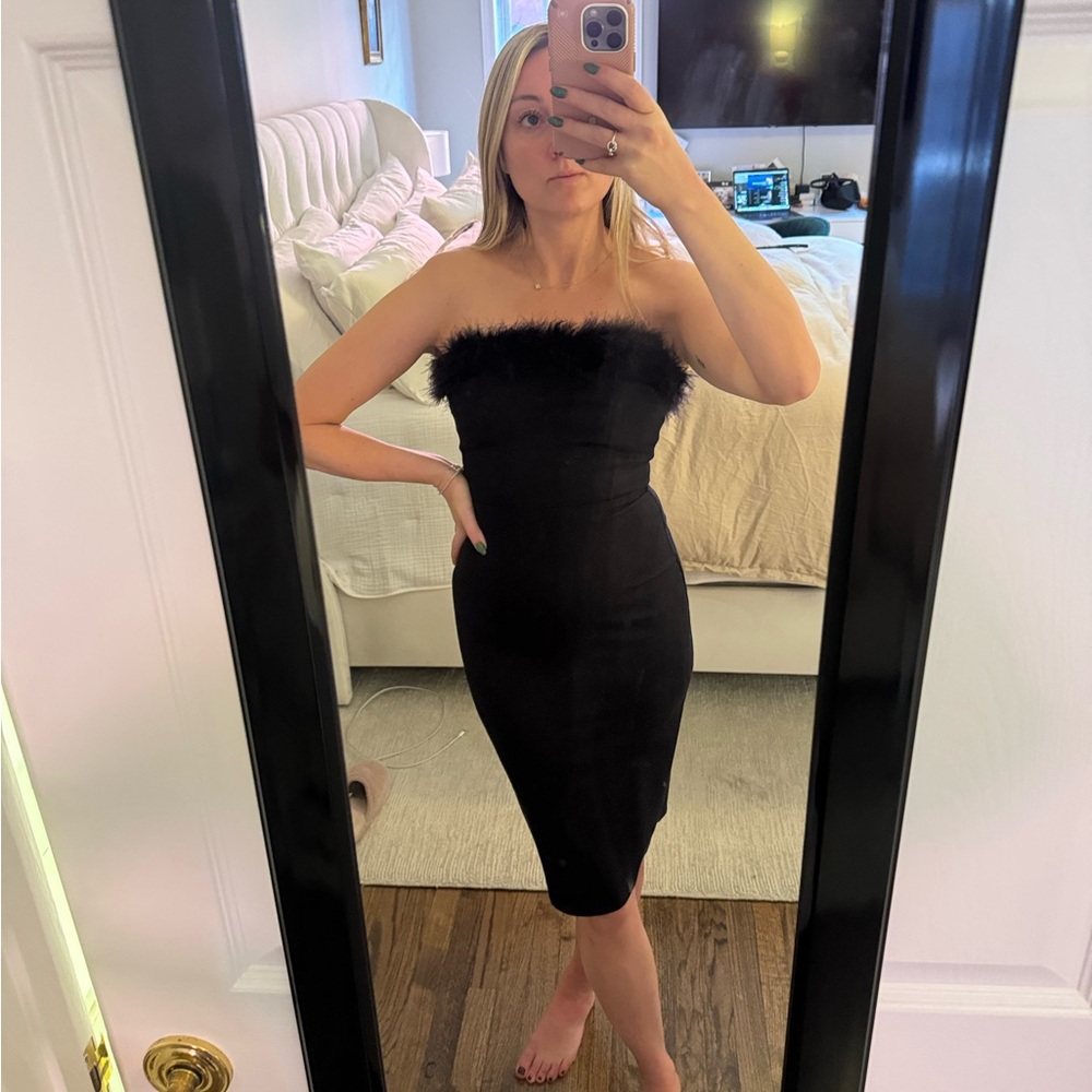 Reformation Black Strapless Midi Dress with Faux Fur Neckline  - Size 2
